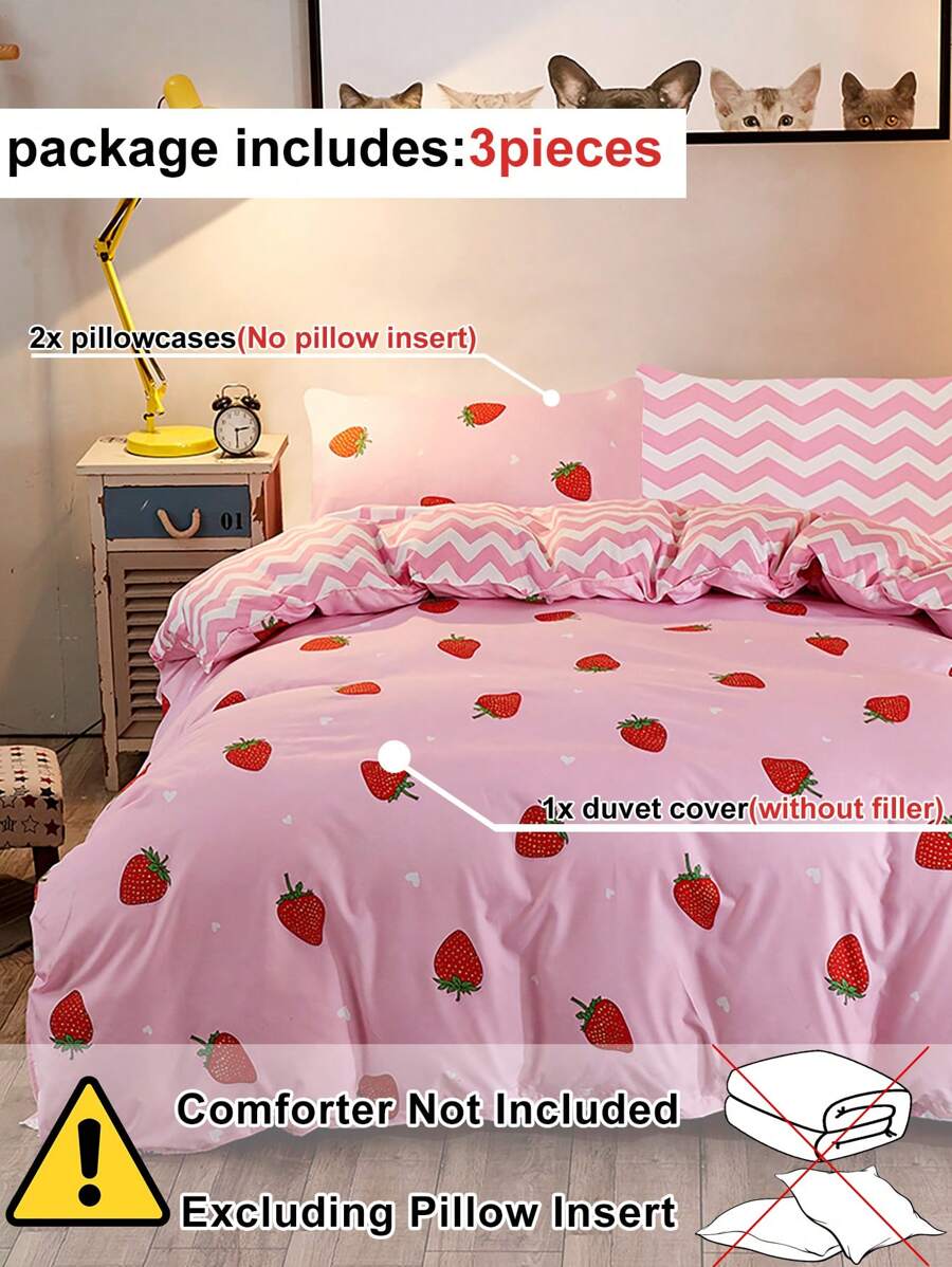 3pcs Strawberry Printed Kids' Duvet Cover And Pillowcase Set, Pink Cute