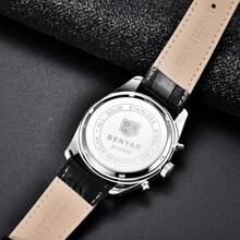 BENYAR 2024新款運動計時石英不銹鋼潛水手錶，30ATM防水皮革錶帶男士商務石英手錶 - 銀色 - 查看 7