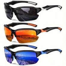 3-Pack Fashion Sports Glasses, Windproof, Anti-Glare, Unisex Wrap-Around Eyewear For Cycling, Baseball, Running, Fishing, Golf, Driving - With Durable Frame & Interchangeable Temples - 白+橙+藍 - 查看 1