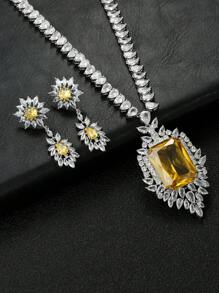 1 juego de 3 piezas de collar y aretes de circonita cúbica de estilo europeo; adecuado para bodas, banquetes y otras ocasiones de alta gama; decoraciones con forma de rectángulo y lágrima para ropa de mujer festiva