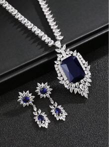 1 juego de 3 piezas de collar y aretes de circonita cúbica de estilo europeo; adecuado para bodas, banquetes y otras ocasiones de alta gama; decoraciones con forma de rectángulo y lágrima para ropa de mujer festiva