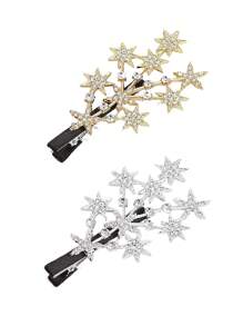 2 piezas Horquillas de metal plateado en forma de estrella hueca de cinco puntas con diamantes de imitación, pasadores de pelo elegantes con forma geométrica, accesorios de moda para el cabello de mujer y niña, Accesorio de tocado dorado con pinzas