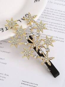 2 piezas Horquillas de metal plateado en forma de estrella hueca de cinco puntas con diamantes de imitación, pasadores de pelo elegantes con forma geométrica, accesorios de moda para el cabello de mujer y niña, Accesorio de tocado dorado con pinzas