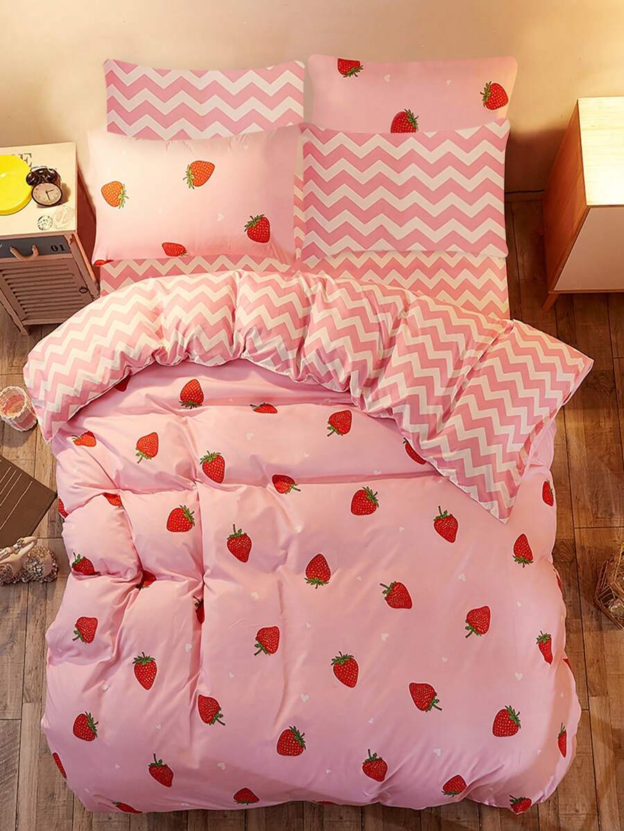 3pcs Strawberry Printed Kids' Duvet Cover And Pillowcase Set, Pink Cute