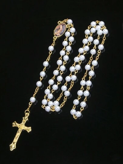 1pc European And American Style Vintage Gold-Colored Faux Pearl  Long Necklace, Handcrafted With Bent Needle, High-Quality Sacred Heart Mary Cross Necklace Suitable For Couples, Four Season Universal