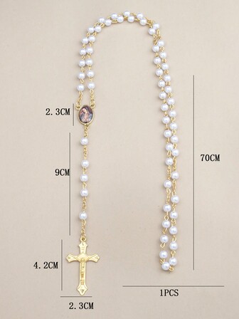1 pieza Collar largo vintage dorado con imitación de perlas estilo europeo y americano, hecho a mano con aguja doblada, collar de alta calidad de cruz sagrada del corazón de María ideal para parejas, universal para las cuatro estaciones