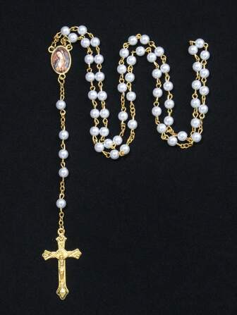 1 Stück europäischer und amerikanischer Stil Vintage goldfarbener Halskette mit Kunstperle in langer Länge, handgefertigt mit gebogener Nadel. Hochwertige Marienkreuz Halskette mit Herz Motiv, geeignet für Paar, vier Jahreszeiten universell.