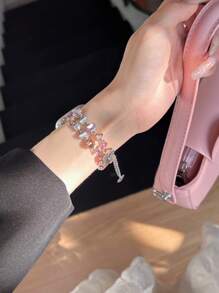1 Stück Damen rosa Armband mit doppelter Reihe Doppel-Kristallbesatz, handgefertigt, kompatibel mit Apple Watch Armband, alle Modelle 38mm/40mm/41mm/42mm/44mm/45mm/49mm, geeignet für Ultra/SE/S9/8/7/6/5/4/3/2/1, ganzjährig verfügbar, schön, modisch, liebevoll und exquisit