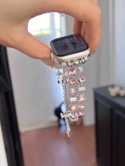 1pc Women's Pink Double-Row Double-Rhinestone Jewelry, Handmade, Metal Watch Band Compatible With Apple Watch Strap, All Models 38mm/40mm/41mm/42mm/44mm/45mm/49mm Sizes, Suitable For Ultra/SE/S9/8/7/6/5/4/3/2/1 Models, All Seasons Available, Beautiful, Fashionable, Lovely And Exquisite Apple Watch Band