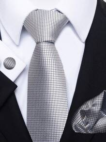 AlanKing 1set Men's Grey Solid Tie, Pocket Square, Cufflinks Set With Silver Tie, 8cm, Suitable For Festivals, Weddings, Work CasualMen Necktie - Silver - View 1