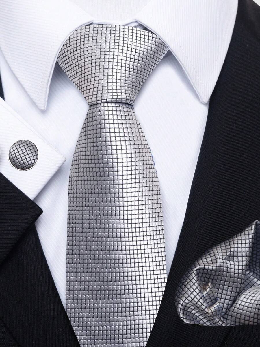 AlanKing 1set Men's Grey Solid Tie, Pocket Square, Cufflinks Set With Silver Tie, 8cm, Suitable For Festivals, Weddings, Work CasualMen Necktie - Silver - View 1