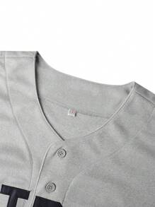 Baseball Button-Up Jersey Short Sleeve T-Shirt, Number 6 - Grey - View 3