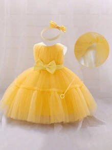 Baby Girls Sleeveless Solid Color Tulle Waist Bow Fluffy Skirt, Elegant Dress Suitable For Birthday Party, Hair Band Included - Yellow - View 5