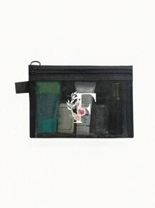 1个黑色网眼袋，白色花卉A-Z透明网眼化妆品收纳袋，多功能旅行便携包，护肤品和化妆品收纳袋，学生文具袋，网眼拉链袋，旅行化妆品收纳袋，简约高端，珠宝首饰收纳，适用于住宿、旅行、商务、游泳、家居收纳 - 黑色 - 查看 28