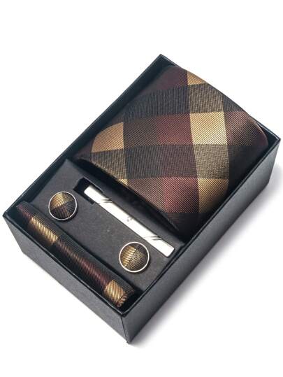AlanKing A Set Of Plaid Necktie, Handkerchief And Cufflinks In A Gift Box, 7.5cm Brown Tie For Festivals, Weddings And Work Men Necktie