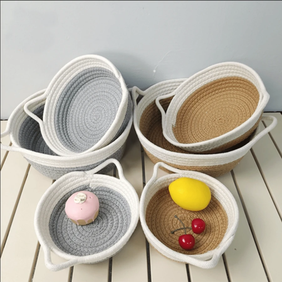 1入手工編織帶手提織物收納籃，雙色零食和雜物組織者 - 彩色 - 查看 1