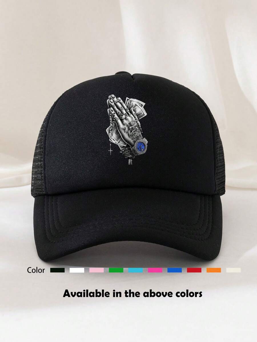 1pc Unisex Printed Decor Trucker Hat Baseball Cap Dad Cap Sun Hat, Suitable For Daily Use - Black - View 1