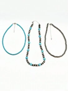 Set de 3 collares hechos a mano con cuentas, estilo vintage occidental y campestre, de turquesa, multicapa, joyería versátil como regalo