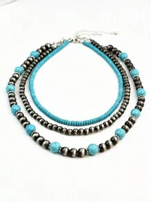 Set de 3 collares hechos a mano con cuentas, estilo vintage occidental y campestre, de turquesa, multicapa, joyería versátil como regalo
