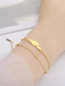 1pc Women's Stainless Steel Feather & Lightning Pendant Double Layer Anklet, Fashionable Summer Vacation Accessory - Gold - View 4