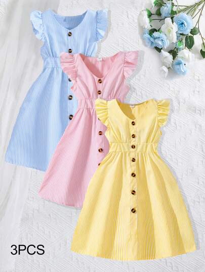 Tween 女童条纹盖袖无袖 V 领连衣裙，夏季多色可选