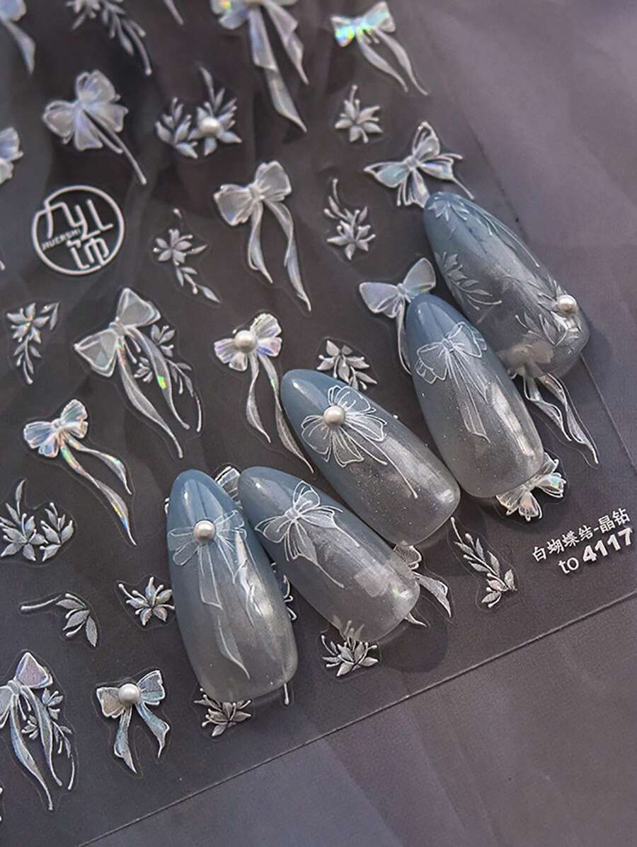 1 arkusz elegancka perłowa muszka naklejki do paznokci samoprzylepne ozdoby do paznokci naklejka dekoracyjna Aurora Bowknot kwiat Manicure naklejki DIY