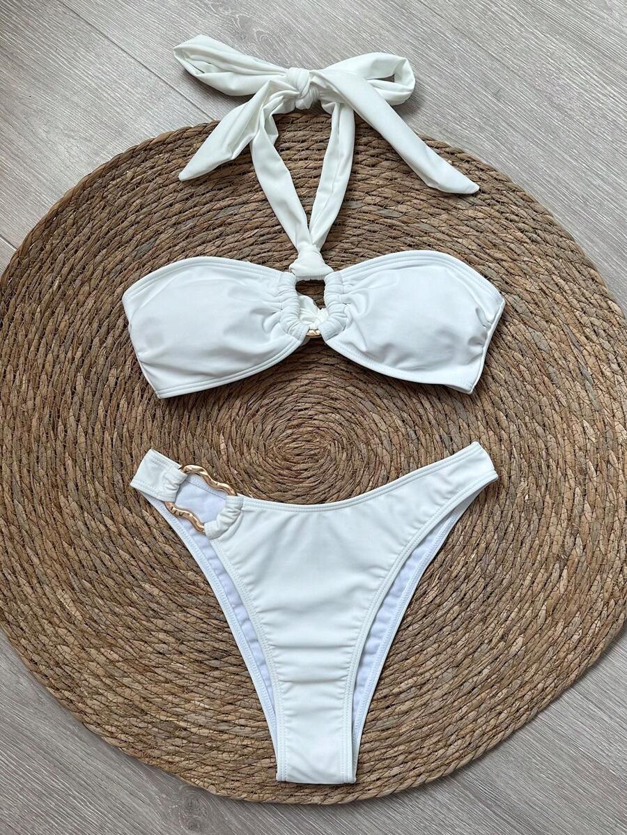 新款春夏歐美風優雅性感純白色掛脖式女款比基尼,適合海灘度假、派對與約會 - 白色 - 查看 1