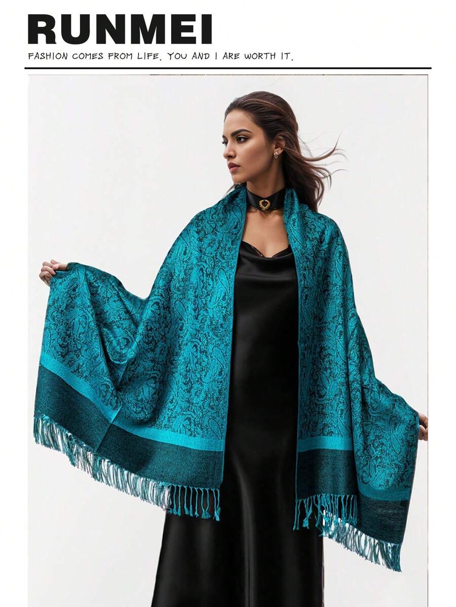 1 件女士优雅简约复古风格温暖时尚百搭提花头巾围巾，适合各种服装 - 水鴨藍 - 查看 1