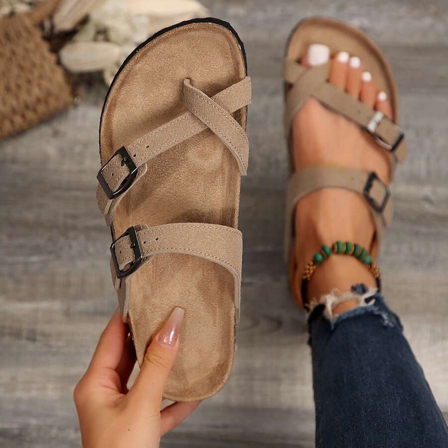 Women's Flat Cork Sandals, Summer Sandals Toe Loop Cross Strap, Retro Style & Casual Sandals With Adjustable Strap Buckle - 淺棕色 - 查看 1