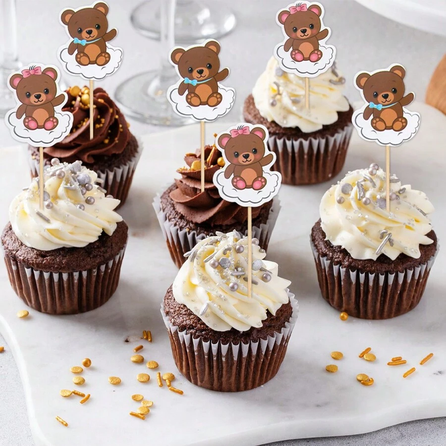 12pcs Cute Cloud And Bear Cupcake Decoration Plugins, Dessert Decoration For Birthday Parties
