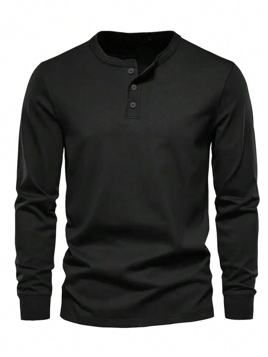 1 peça Camisa Polo Masculina Confortável e Respirável Esportiva Sem Gola Cor Sólida Tamanho Grande Manga Longa Solta Camiseta de Botão Camisola com Capuz - Preto - Ver 1