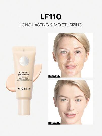 MISTINE 5克保湿全效遮瑕粉底液，专为干性肌肤设计，24小时防水轻盈妆感，蕴含玻尿酸、抗氧化成分、抗污染成分和蓝光防护成分，1盒装