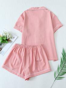 【优雅田园】女士夏季撞色滚边领口袋爱心图案纽扣上衣和蝴蝶结短裤睡衣套装 - 粉色 - 查看 2