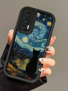 1pc Fashionable Thickened Shockproof Oil Painting Starry Night & Cat Pattern Phone Case, Compatible With Apple
