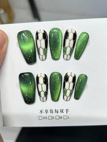 1 Pair (10pcs) Luxury Snake Head Cat Eye Effect Nail Art With Hand-Painted Gold Lines And Green Gradient Colors, Reusable And Handmade, Suitable For Dinner Parties And Events, For Fashionable Girls - Multicolor - View 5