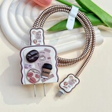 5pcs 3D Cartoon Coffee Design 1.5M Data Cable Set With Anti-Break Protection, Compatible With Apple 13/14/15 Phones, 20W Charger & Protective Cover Cable Protector, Charger Protector