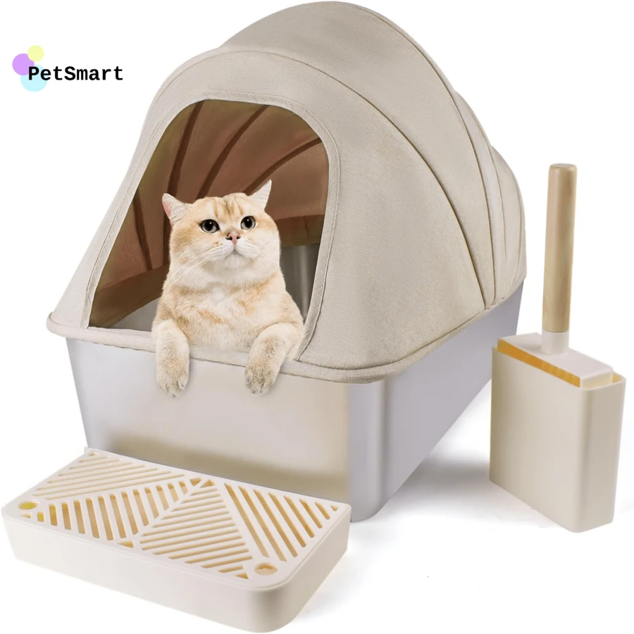 升級不鏽鋼貓砂盆，XL大尺寸封閉式貓砂盆，寬敞空間可容納大貓，優質金屬高邊砂盆設有防漏設計，含除臭鏟方便清潔 - 卡其色 - 查看 1