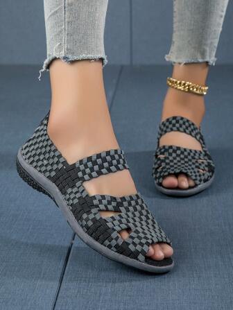 Gray Fashionable Hand-Woven Slip-On Peep-Toe Sandals, Soft Non-Slip Flat Casual Athletic Shoes For Women