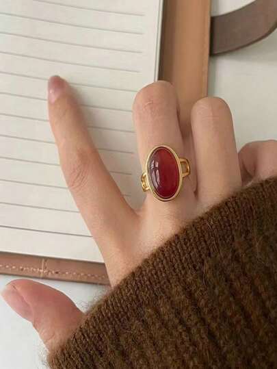 单枚法式复古红玉玻璃椭圆形铜时尚个性女士戒指，可调节