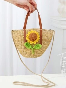 2024新款夏季艺术花草编织手提包沙滩托特包编织袋手机斜挎包 - 貝殼包 - 查看 10