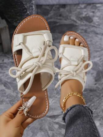 2024 Summer Women's Fashionable, Comfortable And Simple Tie-Up Thick Shoe Lace, Casual Open-Toe Lightweight Versatile Outdoor Beach Solid Color Flat Sandals