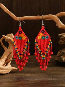 1 对度假波西米亚风格六朵小花玻璃珠手工编织串珠女士时尚吊坠流苏串珠耳环适合日常佩戴和节日礼物情人节