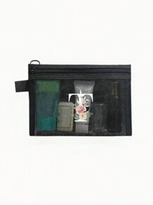 1个黑色网眼袋，白色花卉A-Z透明网眼化妆品收纳袋，多功能旅行便携包，护肤品和化妆品收纳袋，学生文具袋，网眼拉链袋，旅行化妆品收纳袋，简约高端，珠宝首饰收纳，适用于住宿、旅行、商务、游泳、家居收纳 - 黑色 - 查看 27