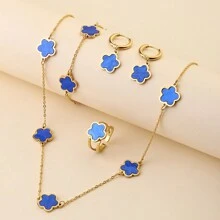 Ensemble de 5 pièces Collier, bracelet, boucles d'oreilles et bague ajustable pour femme - Style européen et américain - Vintage - Plaqué or 18 carats - Acier de titane - Cinq pétales de fleurs en résine colorée - Cadeau de luxe et polyvalent pour les filles - Parfait pour les vacances à la plage ou les fêtes d'anniversaire - Ensemble de couleurs de fleurs à cinq pétales - Voir 9