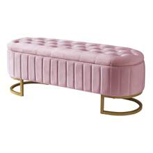 47.2"W Velvet Storage Bench With Golden Metal Base,Tufted Oval Ottoman Bench With Storage For Living Room,Bedroom And Entryway - Pink - View 5