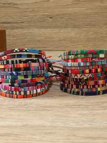 6/12 piezas Pulseras tejidas a mano de tela estilo bohemio colorido para hombres y mujeres, conjunto simple de pulseras de amistad y cuerda de surf - vistoso - Ver 6
