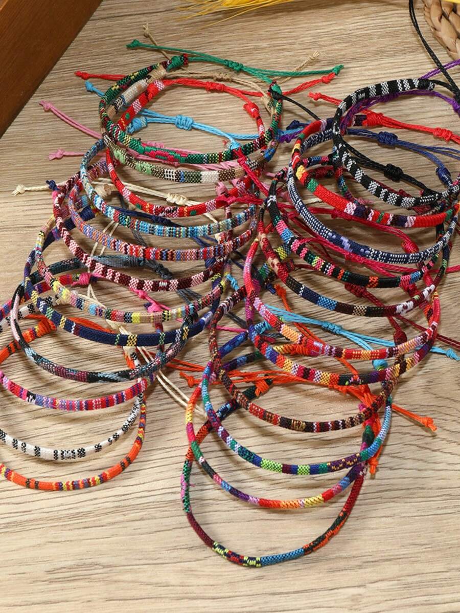 6/12 piezas Pulseras tejidas a mano de tela estilo bohemio colorido para hombres y mujeres, conjunto simple de pulseras de amistad y cuerda de surf - vistoso - Ver 1