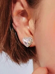 1 par de elegantes pendientes de botón con corazón de circonita cúbica microincrustada en blanco, adecuados para mujeres, se pueden usar para bodas, compromisos, aniversarios, fiestas, y una opción ideal para joyas de verano, joyas para mujeres, regalos para hermanas, regalos para mujeres, accesorios y vestidos de gala - diamante de plata - Ver 6