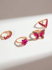 imoli 9入組/套時尚鋅合金水鑽蝴蝶和星形裝飾戒指適合女士適用於日常生活 - 玫紅色 - 查看 7