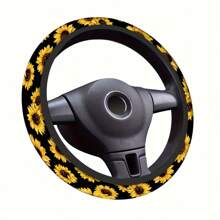1 Stück einzigartige Sonnenblume bedruckte Auto Lenkradabdeckung, neue Design Auto-Innenraumdekoration, rutschfester Rad-Protector - Verschiedenfarbig - Übersicht 2
